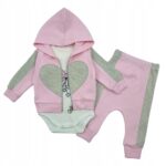 Różowy, bawełniany komplet dziewczęcy 3-częściowy SERCE w rozmiarze 62-68 cm